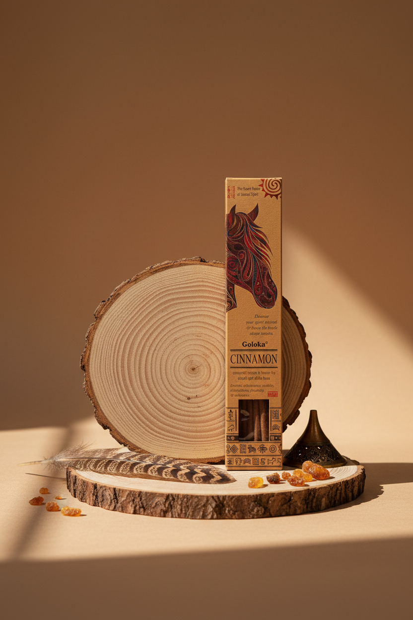 Incenso stick smudge Goloka Cinnamon Horse su tronco con piuma e portaincenso da Erboristeria La Clessidra Carpi