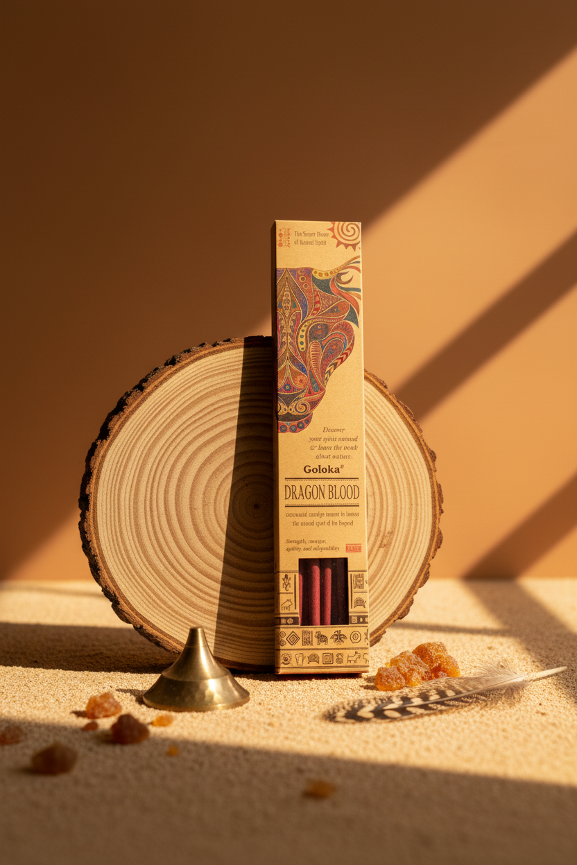 Incenso stick smudge Goloka Dragon Blood Leopard su tronco con piuma e portaincenso da Erboristeria La Clessidra Carpi.