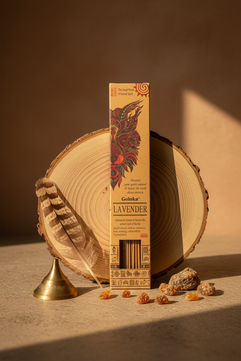 Incenso stick smudge Goloka Lavender Fox su tronco con piuma e portaincenso da Erboristeria La Clessidra Carpi.