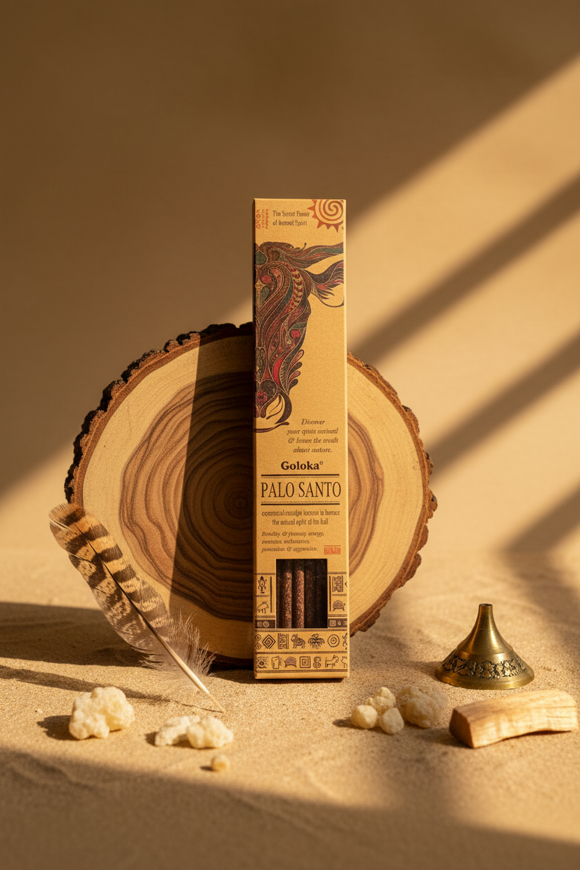 Incenso stick smudge Goloka Palo Santo Bull su tronco con piuma e portaincenso da Erboristeria La Clessidra Carpi.