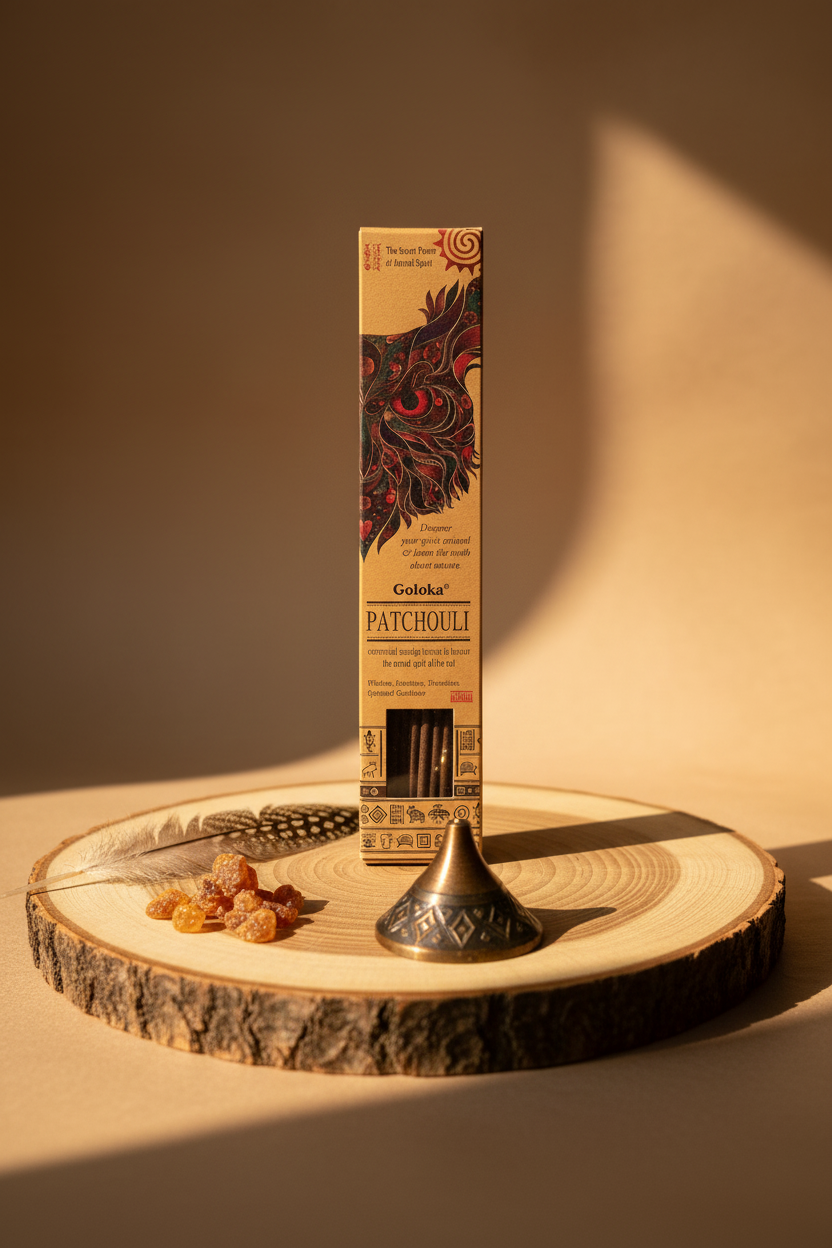 Incenso stick smudge Goloka Patchouli Owl su tronco con piuma e portaincenso da Erboristeria La Clessidra Carpi.