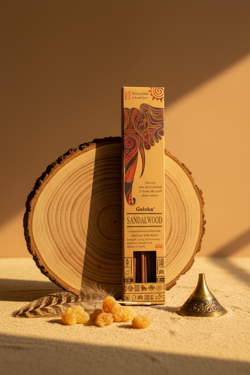 Incenso stick smudge Goloka Sandalwood Elephant su tronco con piuma e portaincenso da Erboristeria La Clessidra Carpi.