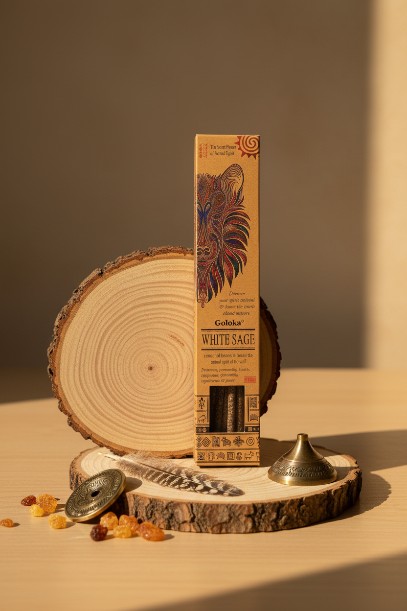 Incenso stick smudge Goloka White Sage Wolf su tronco con piuma e portaincenso da Erboristeria La Clessidra Carpi