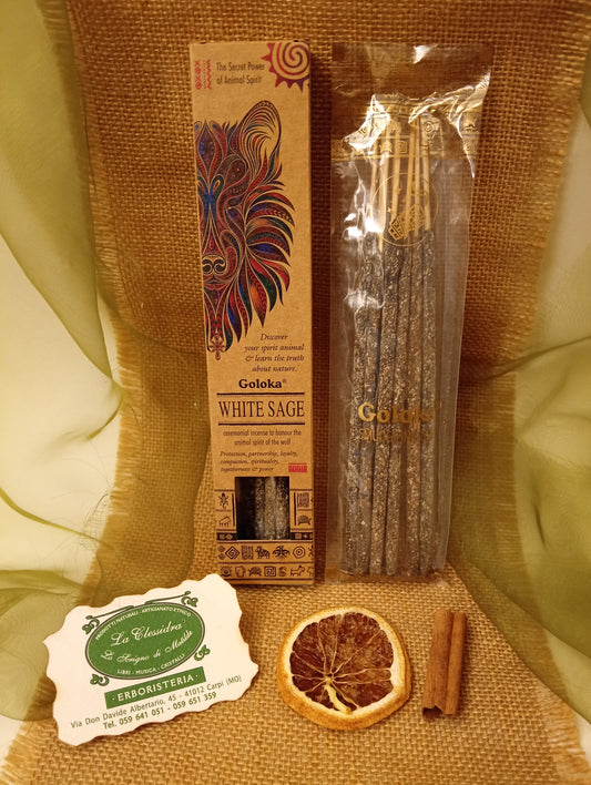Incenso Goloka White Sage stick visibili in trasparenza con biglietto da visita, cannella e juta da Erboristeria La Clessidra Carpi.