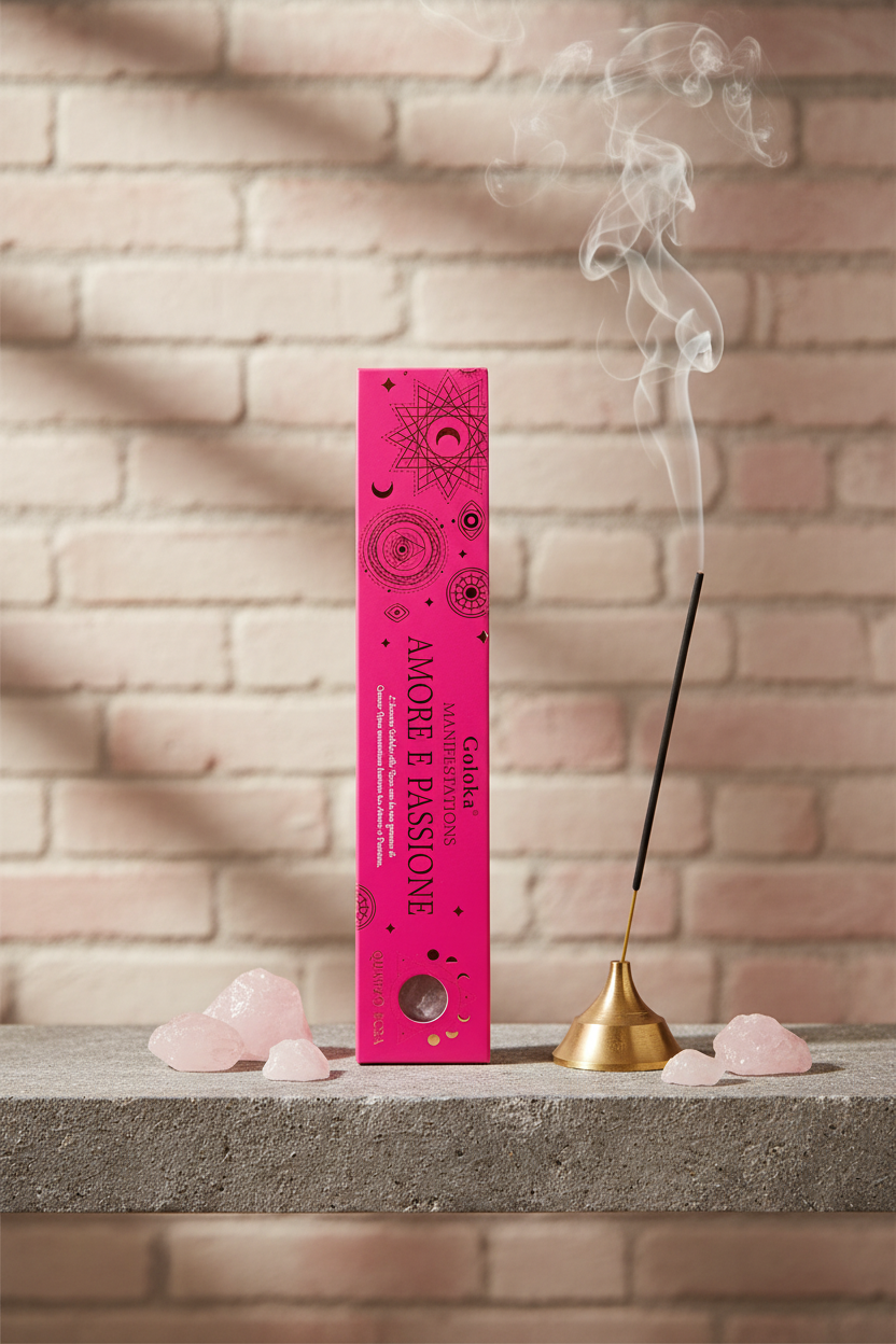 Astuccio Incenso Goloka Manifestation Amore e Passione su mensola di pietra con frammenti di Quarzo Rosa, portaincenso metallico con stick acceso e muro antico, da Erboristeria La Clessidra Carpi.