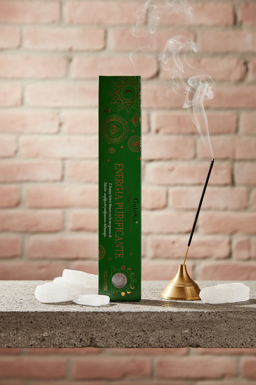 Astuccio Incenso Goloka Manifestation Energia Purificante su mensola di pietra con frammenti di Selenite, portaincenso metallico con stick acceso e muro antico, da Erboristeria La Clessidra Carp
