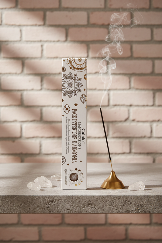 Astuccio Incenso Goloka Manifestation Pace Interiore e Armonia posizionato dritto su una mensola di pietra, con frammenti di Quarzo Cristallino sparsi intorno, un piccolo portaincenso metallico con stick acceso e un muro antico come sfondo.