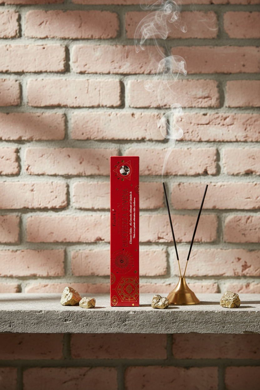 Astuccio Incenso Goloka Manifestation Ricchezza Divina su mensola di pietra con frammenti di Pirite, portaincenso metallico con stick acceso e muro antico, da Erboristeria La Clessidra Carpi.