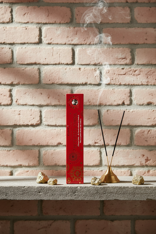 Astuccio Incenso Goloka Manifestation Ricchezza Divina su mensola di pietra con frammenti di Pirite, portaincenso metallico con stick acceso e muro antico, da Erboristeria La Clessidra Carpi.