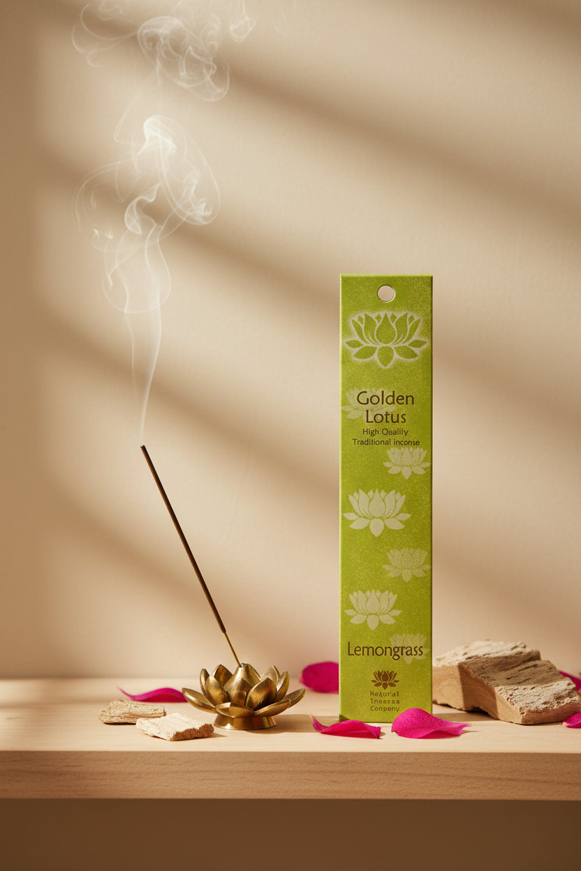 Incenso Lemongrass Fiore d'Oriente Linea Golden Lotus su mensola di legno chiaro con parete beige, atmosfera spa zen, acquistabile da Erboristeria La Clessidra Carpi.