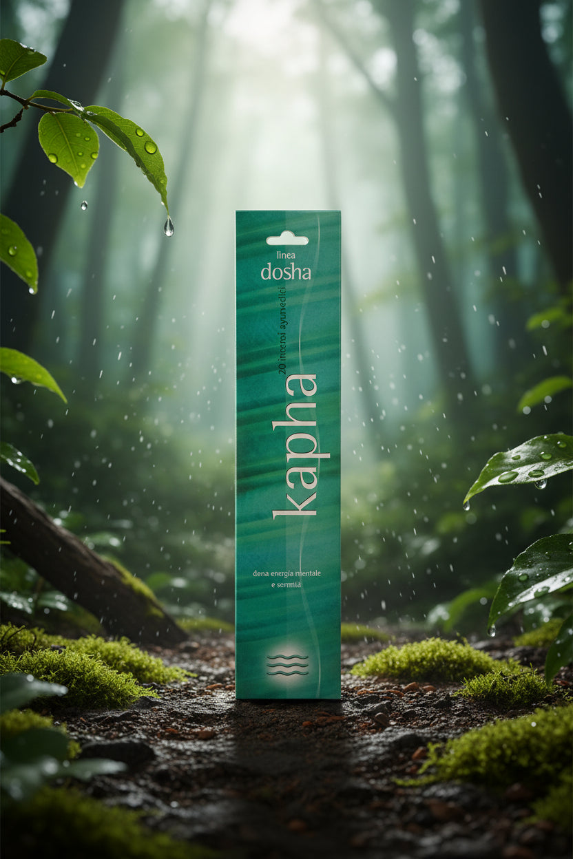 Astuccio incenso ayurvedico Linea Dosha Kapha Dhanvantari appoggiato su muschio fresco e terra bagnata in un bosco rigoglioso Erboristeria La Clessidra Carpi
