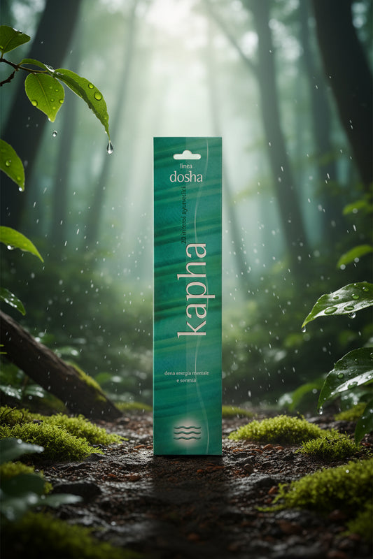 Astuccio incenso ayurvedico Linea Dosha Kapha Dhanvantari appoggiato su muschio fresco e terra bagnata in un bosco rigoglioso Erboristeria La Clessidra Carpi