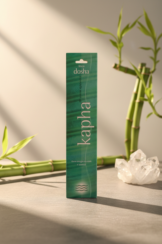 Astuccio di incenso naturale ayurvedico Linea Dosha Kapha Dhanvantari esposto su superficie in pietra con rami di bambù, cristalli ed Erboristeria La Clessidra Carpi