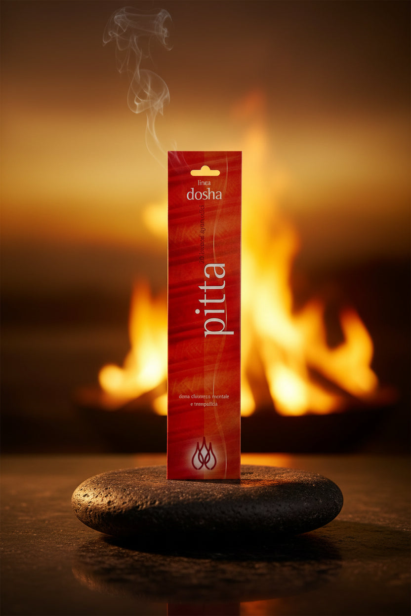 Astuccio incenso ayurvedico Linea Dosha Pitta Dhanvantari esposto su pietra lavica scura tra riflessi dorati e bagliori caldi di Erboristeria La Clessidra Carpi