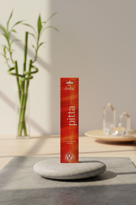 Confezione di incenso indiano Linea Dosha Pitta Dhanvantari posizionata in verticale in uno studio olistico luminoso da Erboristeria La Clessidra Carpi