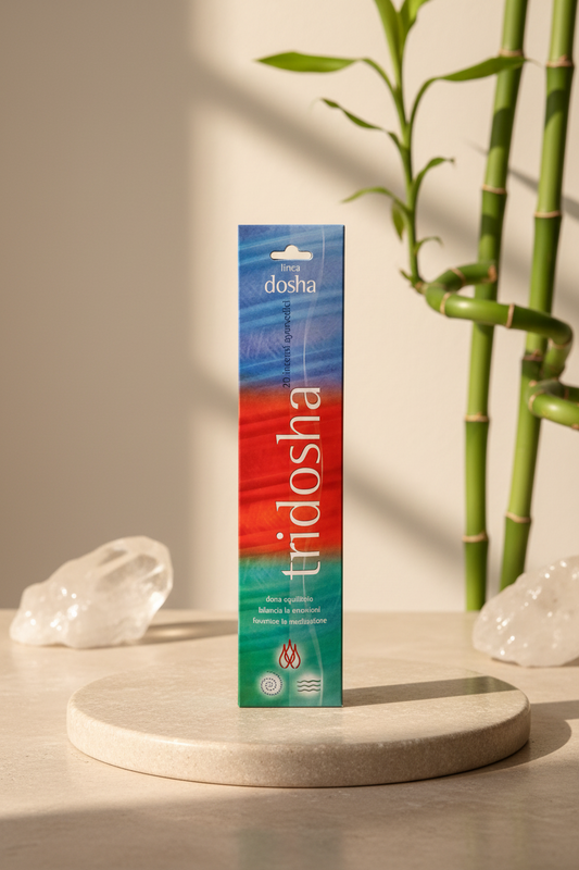 Astuccio verticale di incenso ayurvedico equilibrante Linea Dosha Tridosha Dhanvantari su base di pietra in atmosfera pacifica da Erboristeria La Clessidra Carpi