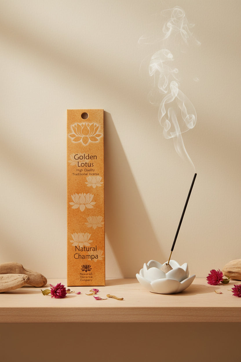 Incenso Natural Champa Fiore d'Oriente Linea Golden Lotus su mensola di legno chiaro con parete beige, atmosfera spa zen, acquistabile da Erboristeria La Clessidra Carpi.