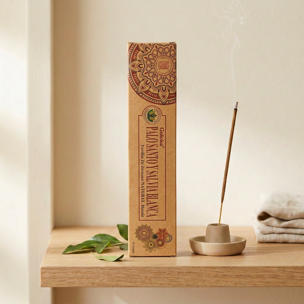Incenso Goloka Natural Palo Santo e Salvia Bianca su legno chiaro, accanto a un bastoncino acceso e foglie verdi
