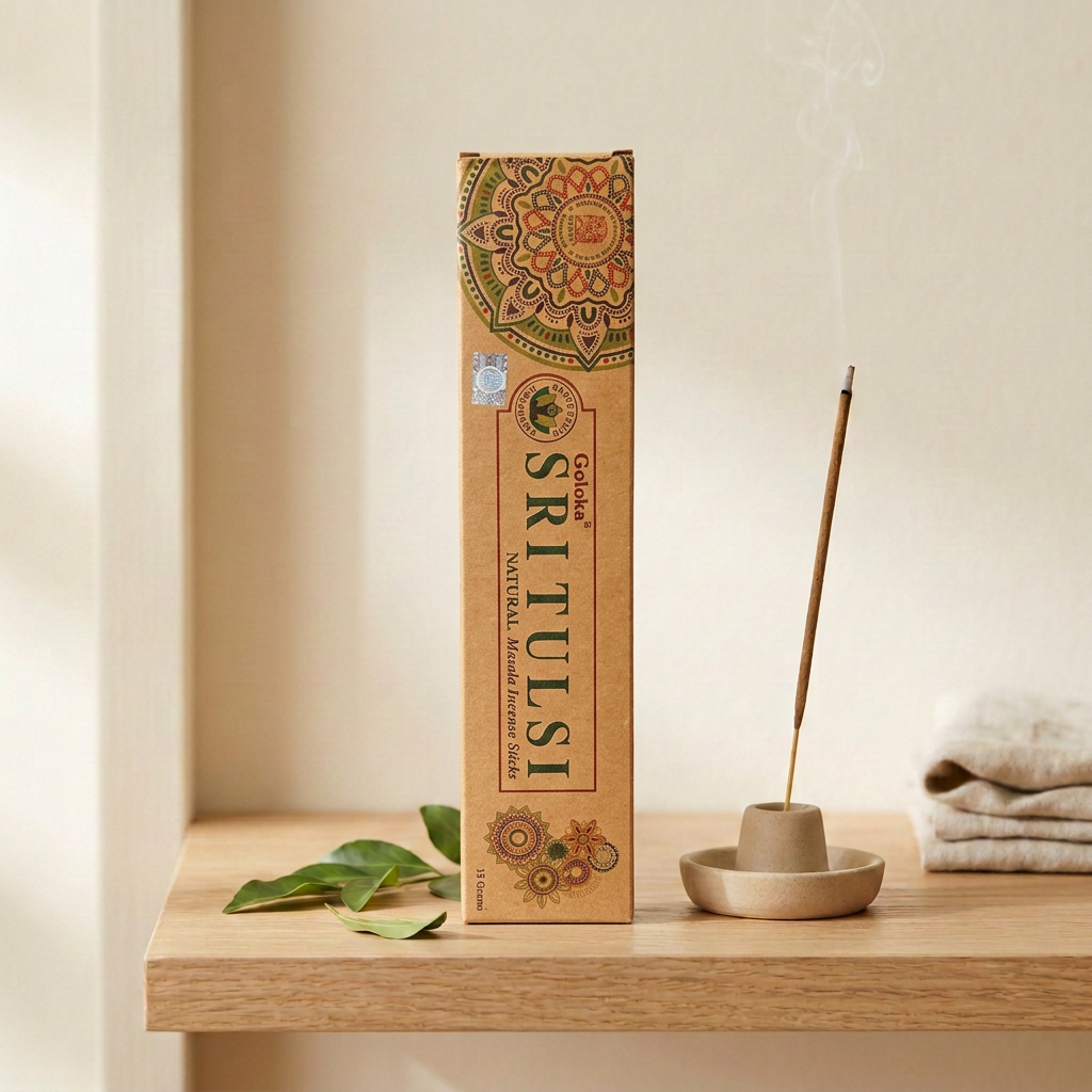 Incenso Goloka Natural Sri Tulsi su legno chiaro, accanto a un bastoncino acceso e foglie verdi