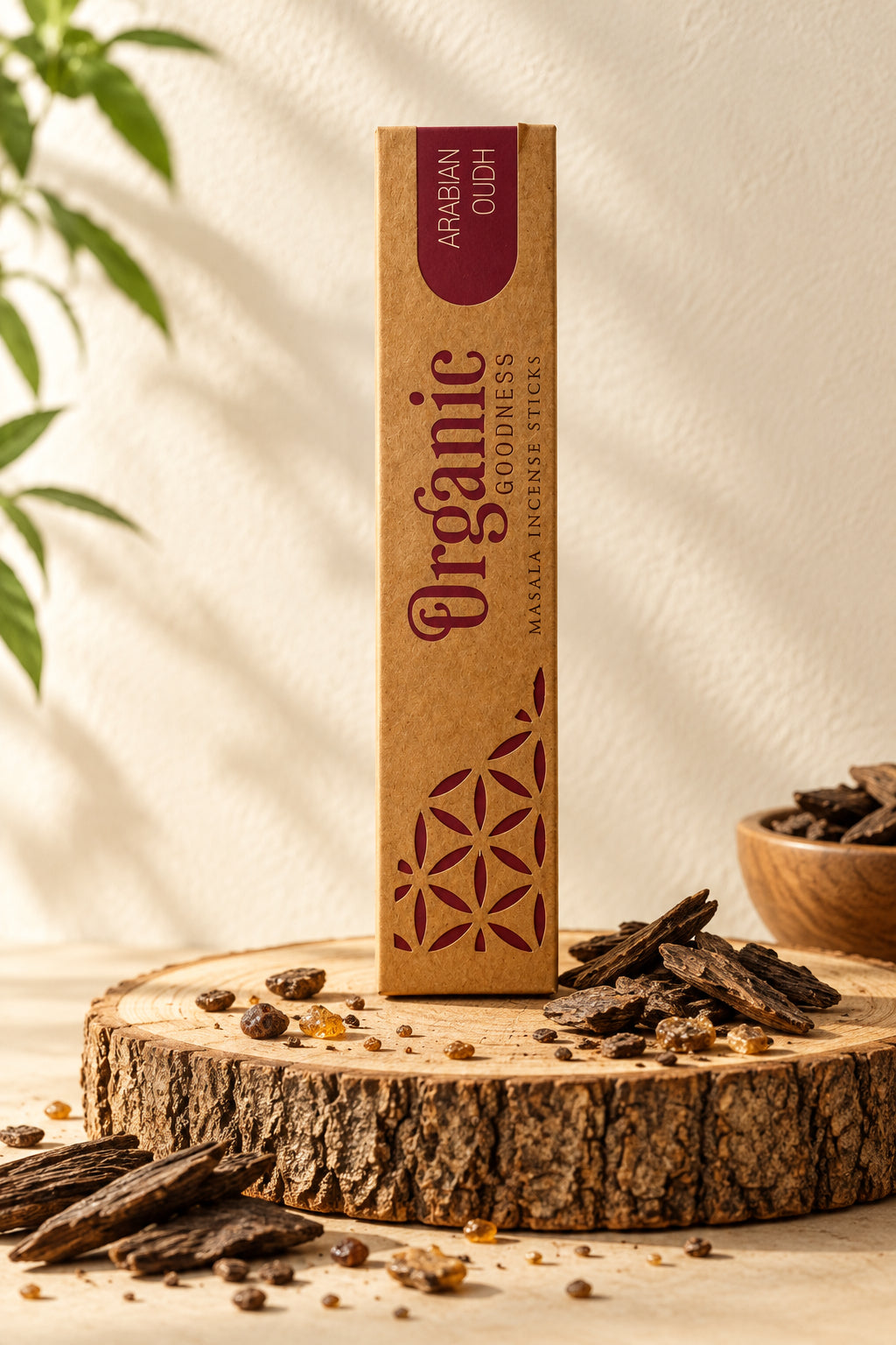 Confezione in cartone kraft di Incenso Organic Goodness Arabian Oudh Song of India in verticale su sezione di tronco di legno con frammenti di legno di oud, da Erboristeria La Clessidra Carpi