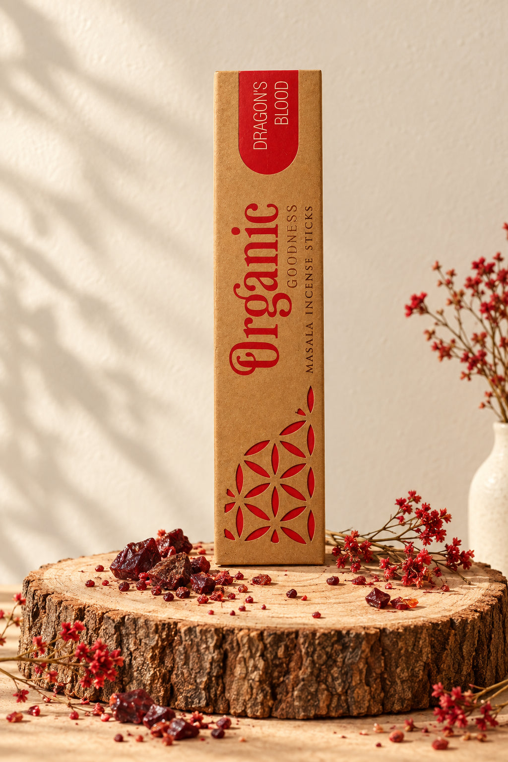 Confezione in cartone kraft di Incenso Organic Goodness Dragon's Blood Song of India in verticale su sezione di tronco di legno con frammenti di resina rossa, da Erboristeria La Clessidra Carpi