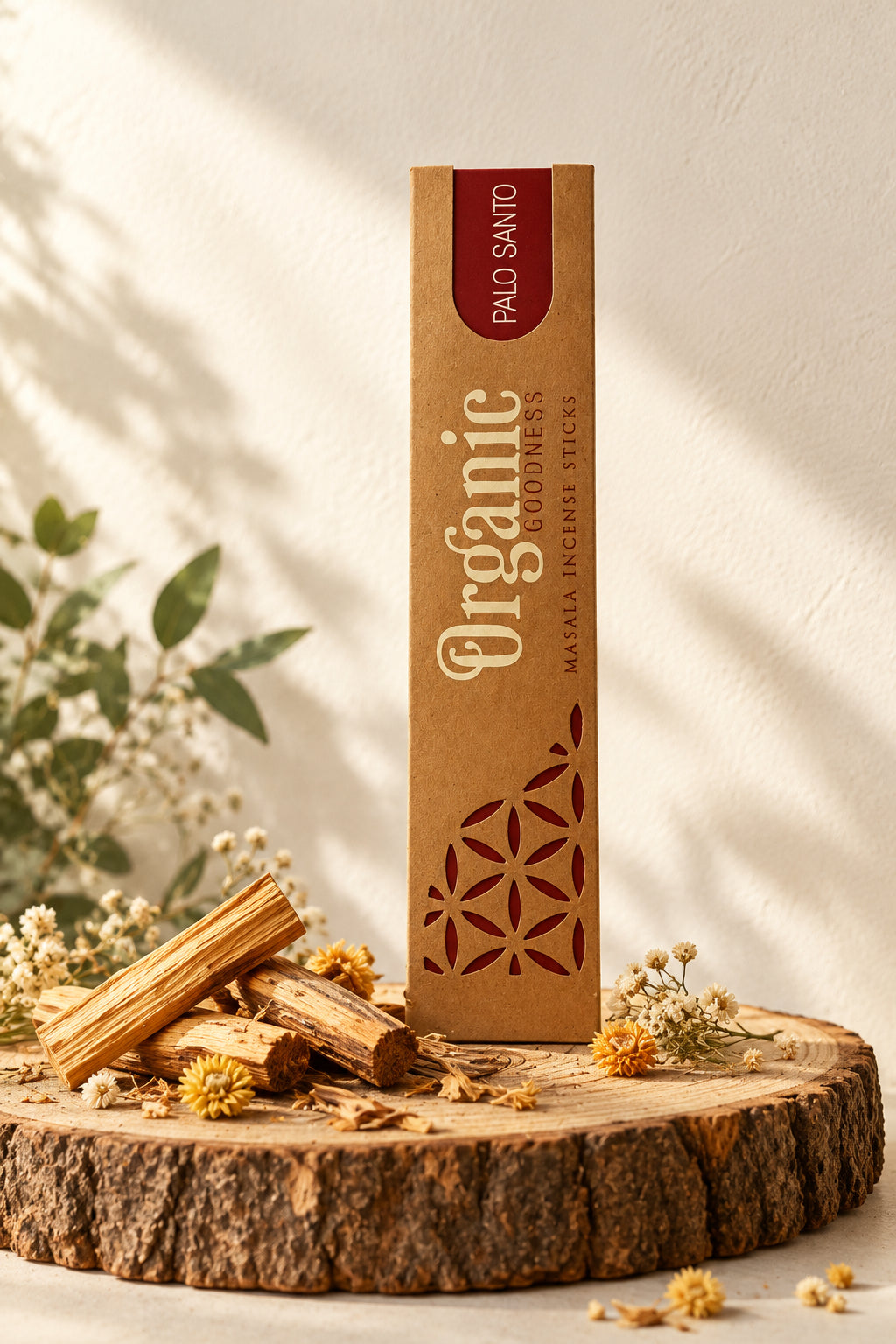 Confezione in cartone kraft di Incenso Organic Goodness Palo Santo Song of India in verticale su sezione di tronco di legno con piccoli legnetti di palo santo grezzo, da Erboristeria La Clessidra Carpi