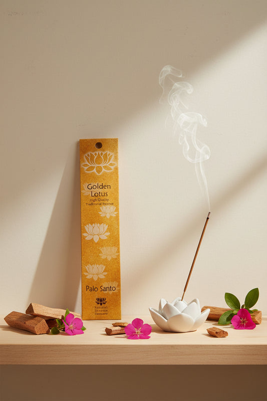 Incenso Palo Santo Fiore d'Oriente Linea Golden Lotus su mensola di legno chiaro con parete beige, atmosfera spa zen, acquistabile da Erboristeria La Clessidra Carpi.