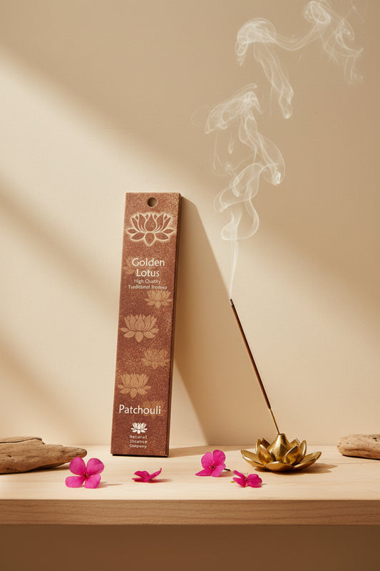 Incenso Patchouli Fiore d'Oriente Linea Golden Lotus su mensola di legno chiaro con parete beige, atmosfera spa zen, acquistabile da Erboristeria La Clessidra Carpi.