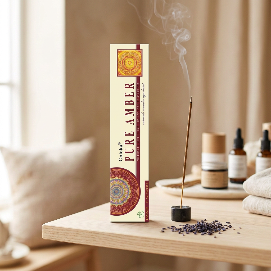 Incenso Goloka Pure Amber (Ambra Pura) su mensola in legno chiaro, accanto a un bastoncino acceso