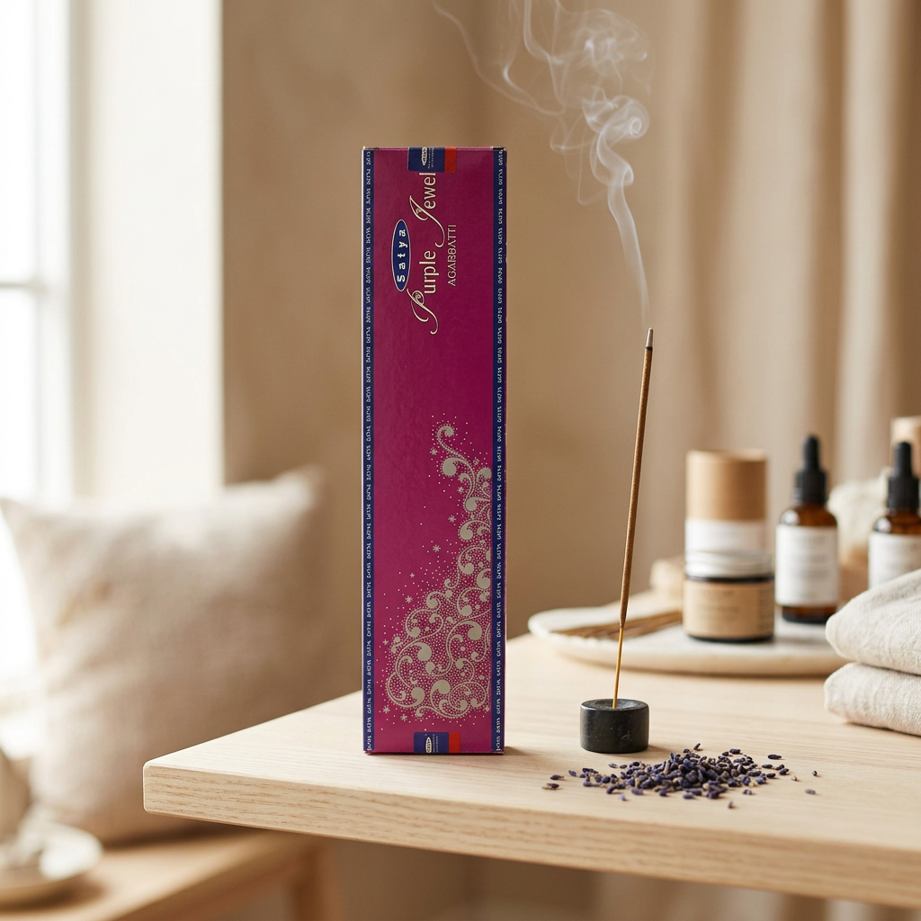 Incenso Satya Purple Jewel (Gioiello Viola) su mensola in legno chiaro, accanto a un bastoncino acceso
