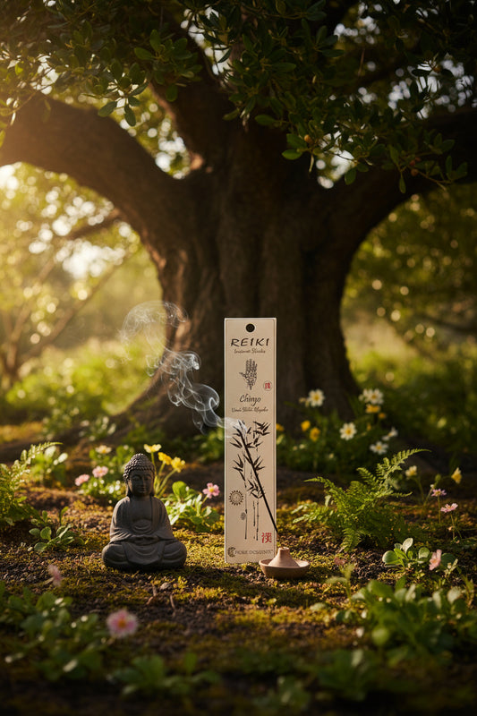 Incenso Reiki Chiryo Fiore d'Oriente con statuetta budda sotto un grande albero - Erboristeria La Clessidra Carpi