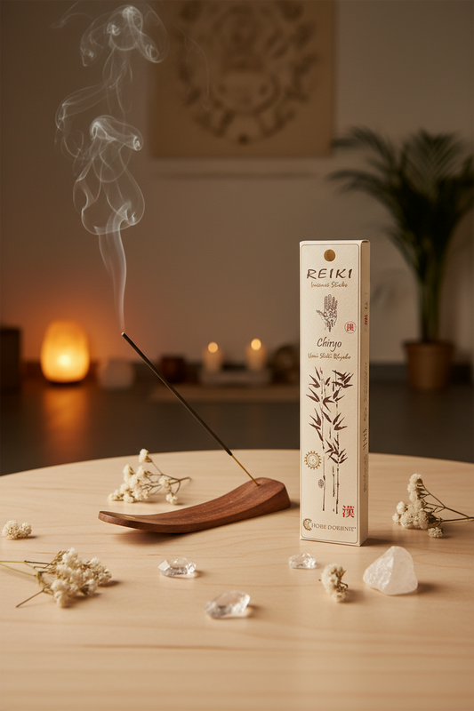 Incenso Reiki Chiryo Fiore d'Oriente con portaincenso acceso in ambiente olistico - Erboristeria La Clessidra Carpi