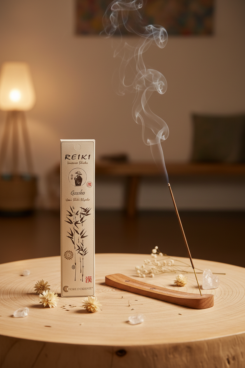 Incenso Reiki Gassho Fiore d'Oriente con portaincenso acceso in ambiente olistico - Erboristeria La Clessidra Carpi