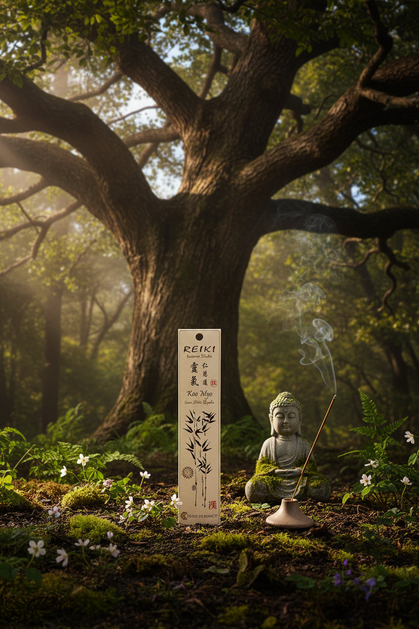 Incenso Reiki Koo Myo Fiore d'Oriente con statuetta budda sotto un grande albero - Erboristeria La Clessidra Carpi