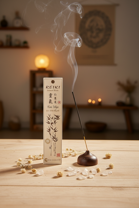 Incenso Reiki Koo Myo Fiore d'Oriente con portaincenso acceso in ambiente olistico - Erboristeria La Clessidra Carpi