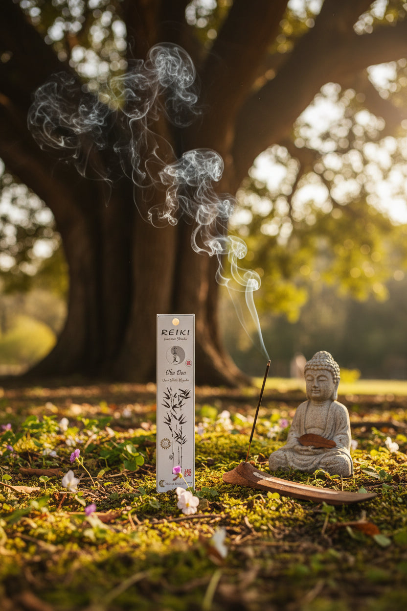 Incenso Reiki Oku Den Fiore d'Oriente con statuetta budda sotto un grande albero - Erboristeria La Clessidra Carpi