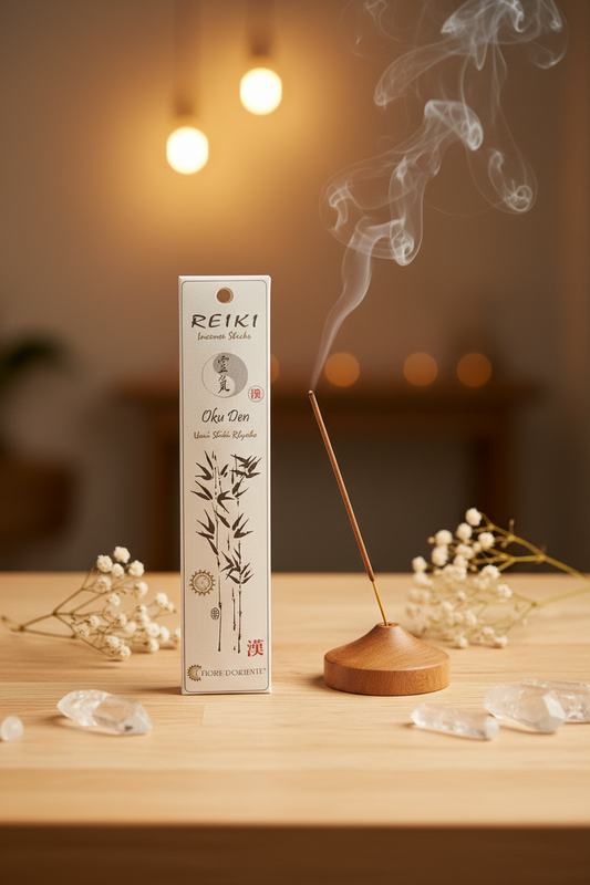 Incenso Reiki Oku Den Fiore d'Oriente con portaincenso acceso in ambiente olistico - Erboristeria La Clessidra Carpi