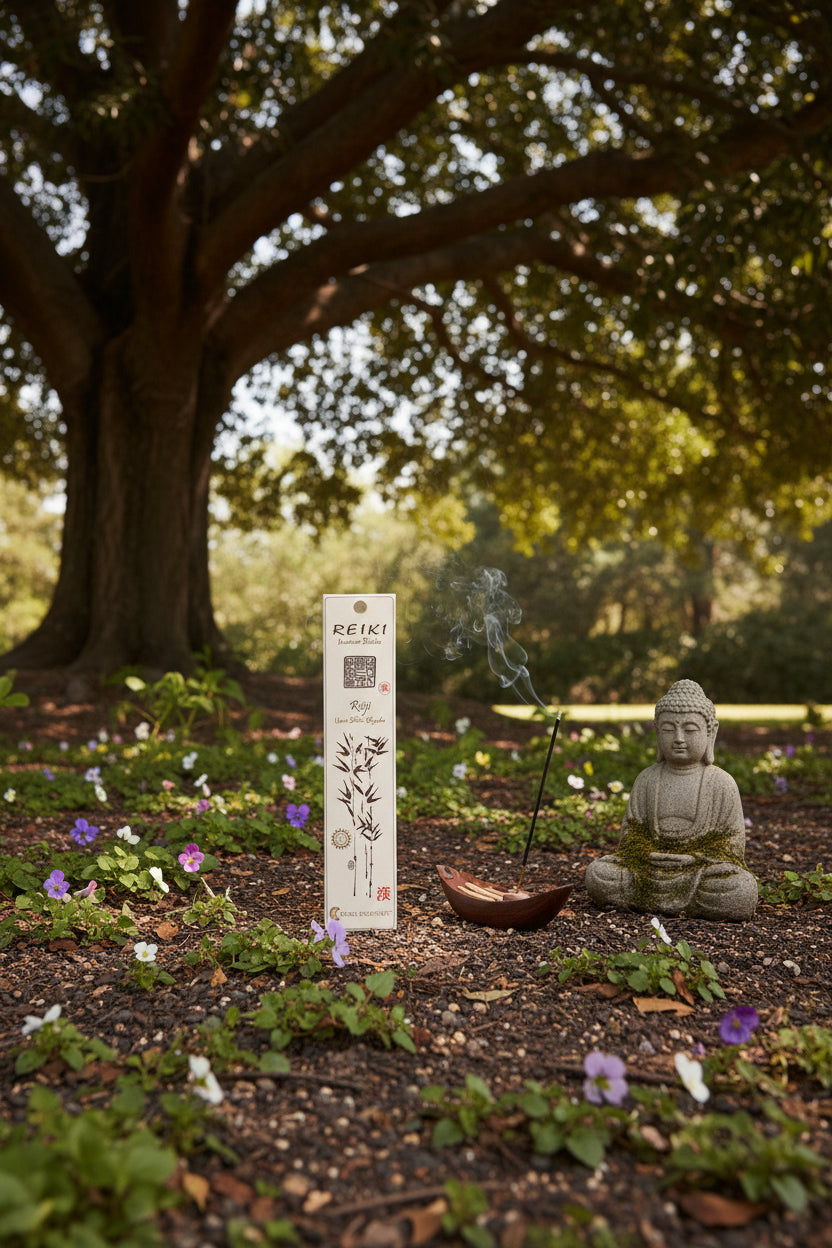Incenso Reiki Reiji Fiore d'Oriente con statuetta budda sotto un grande albero - Erboristeria La Clessidra Carpi