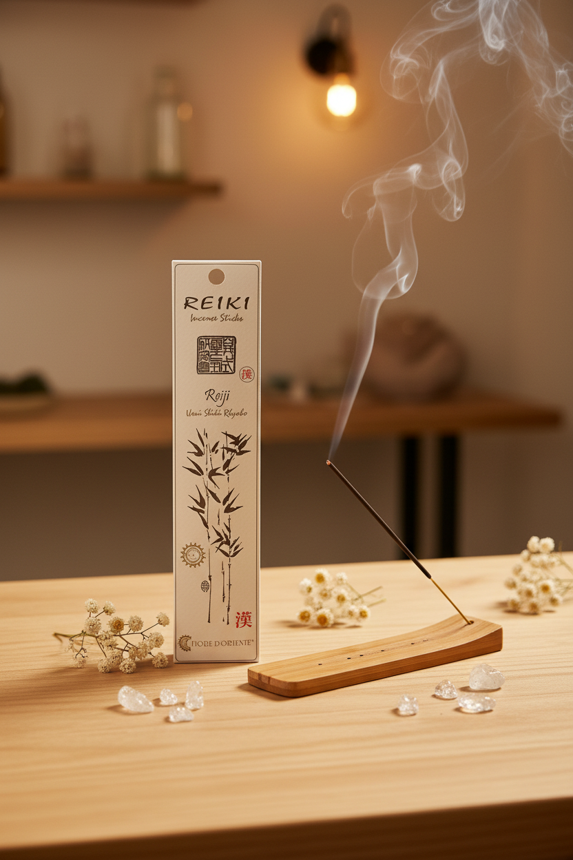 Incenso Reiki Reiji Fiore d'Oriente con portaincenso acceso in ambiente olistico - Erboristeria La Clessidra Carp