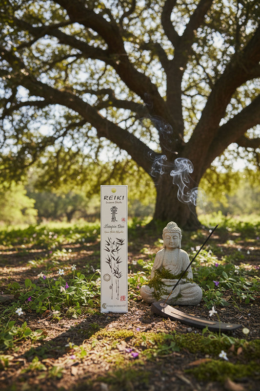Incenso Reiki Shinpiden Fiore d'Oriente con statuetta budda sotto un grande albero - Erboristeria La Clessidra Carpi