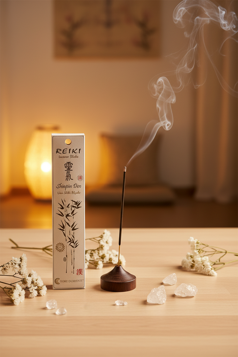 Incenso Reiki Shinpiden Fiore d'Oriente con portaincenso acceso in ambiente olistico - Erboristeria La Clessidra Carpi
