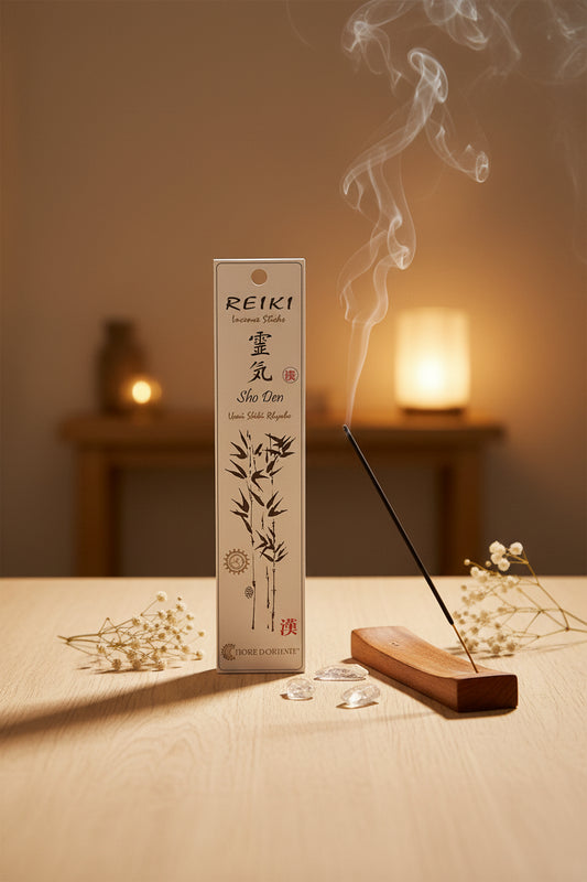 Incenso Reiki Sho Den Fiore d'Oriente con portaincenso acceso in ambiente olistico - Erboristeria La Clessidra Carp