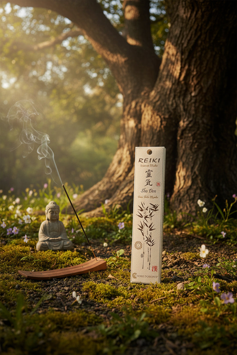 Incenso Reiki Sho Den Fiore d'Oriente con statuetta budda e albero in natura - Erboristeria La Clessidra Carpi