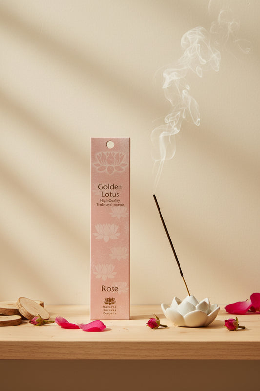 Incenso Rose Rosa Fiore d'Oriente Linea Golden Lotus su mensola di legno chiaro con parete beige, atmosfera spa zen, acquistabile da Erboristeria La Clessidra Carpi.