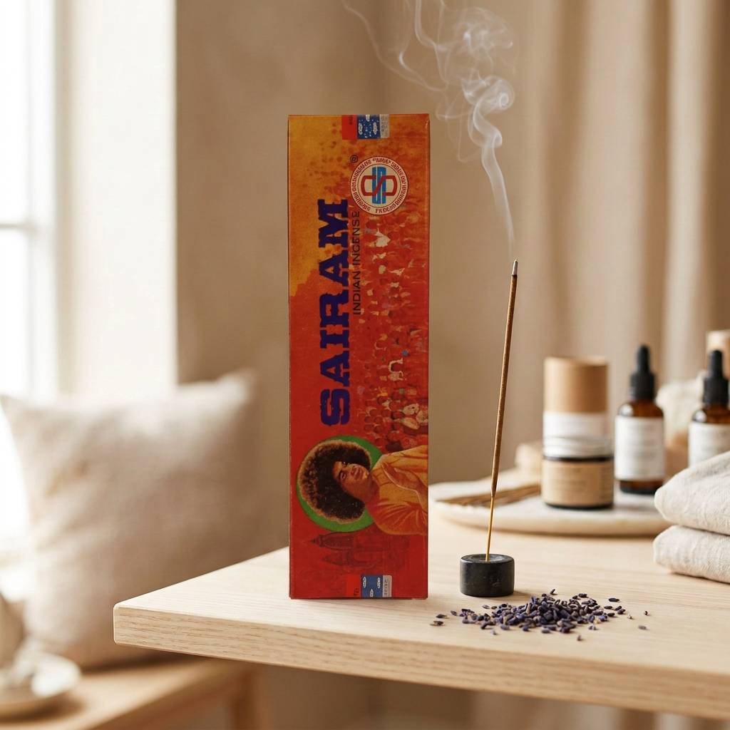 Incenso Satya Sairam 50 grammi su mensola in legno chiaro, accanto a un bastoncino acceso