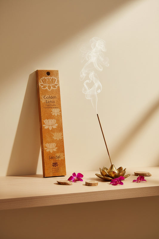 Incenso Sandal Sandalo Fiore d'Oriente Linea Golden Lotus su mensola di legno chiaro con parete beige, atmosfera spa zen, acquistabile da Erboristeria La Clessidra Carpi.