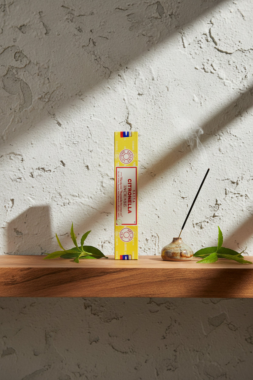 Astuccio di Incenso Citronella Satya su mensola di legno grezzo davanti a parete di roccia grigio chiara con luce laterale, portaincenso artigianale con stick e foglie verdi di citronella fresche, da Erboristeria La Clessidra Carpi.