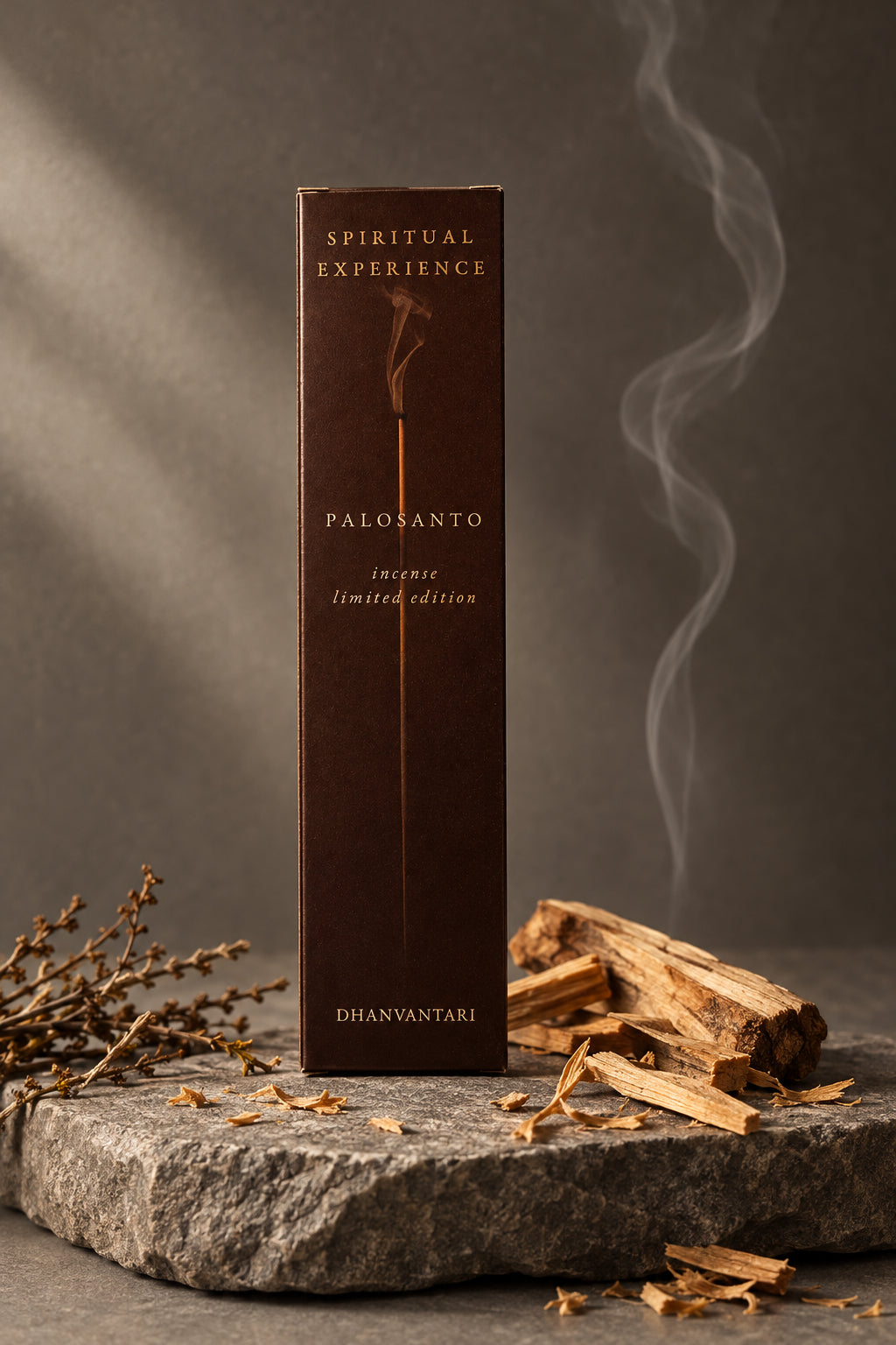  Astuccio rettangolare di Incenso Spiritual Experience Palo Santo Dhanvantari in verticale su lastra di pietra grigia davanti a parete scura con piccoli legnetti di palo santo, da Erboristeria La Clessidra Carpi