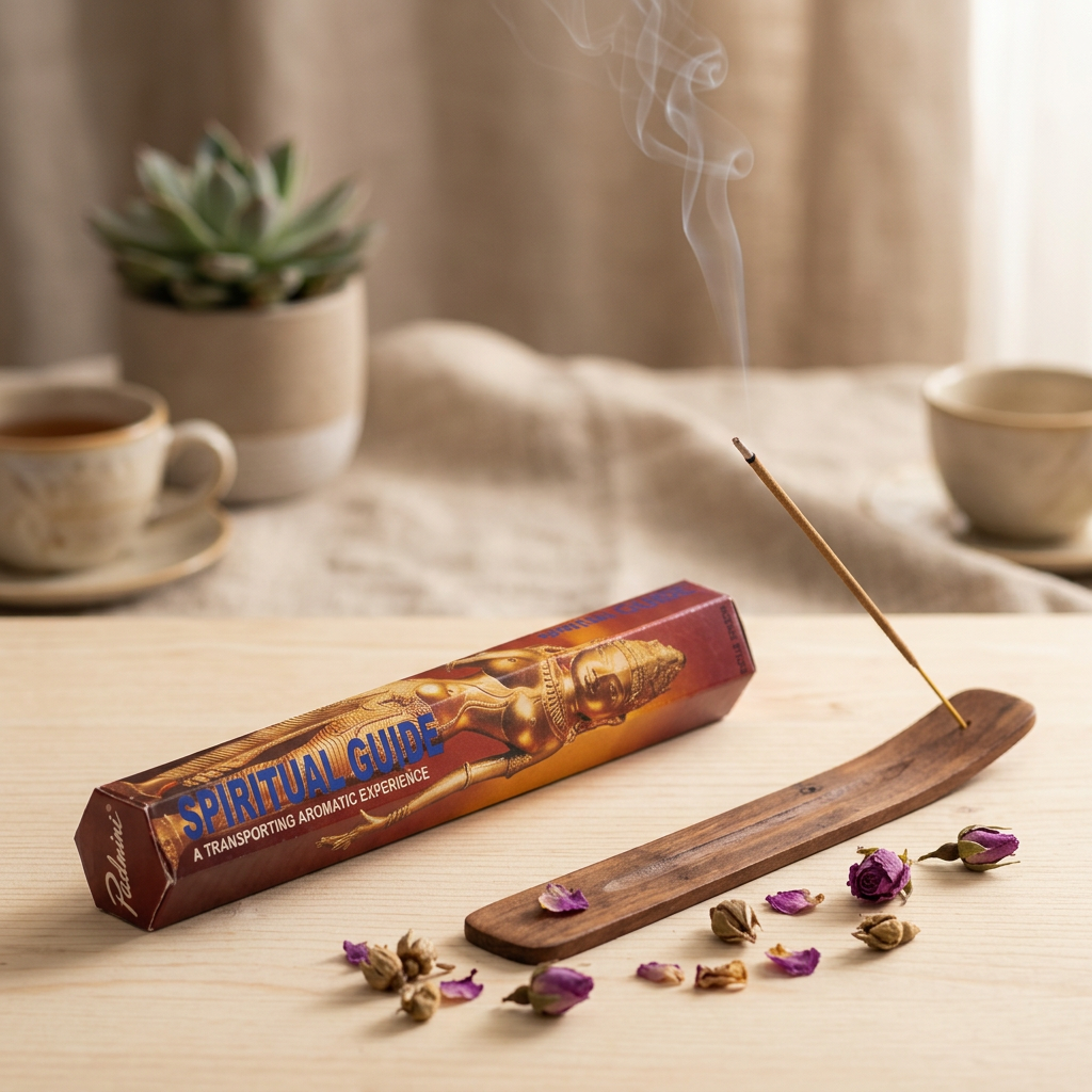 Incenso Padmini Spiritual Guide in confezione esagonale da 20 stick adagiata su legno chiaro, accanto a un portaincenso con bastoncino acceso