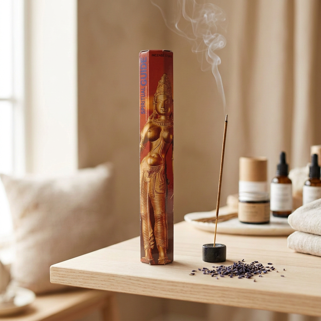 Incenso Padmini Spiritual Guide (Guida Spirituale) in confezione esagonale da 20 stick su mensola in legno chiaro, accanto a un bastoncino acceso